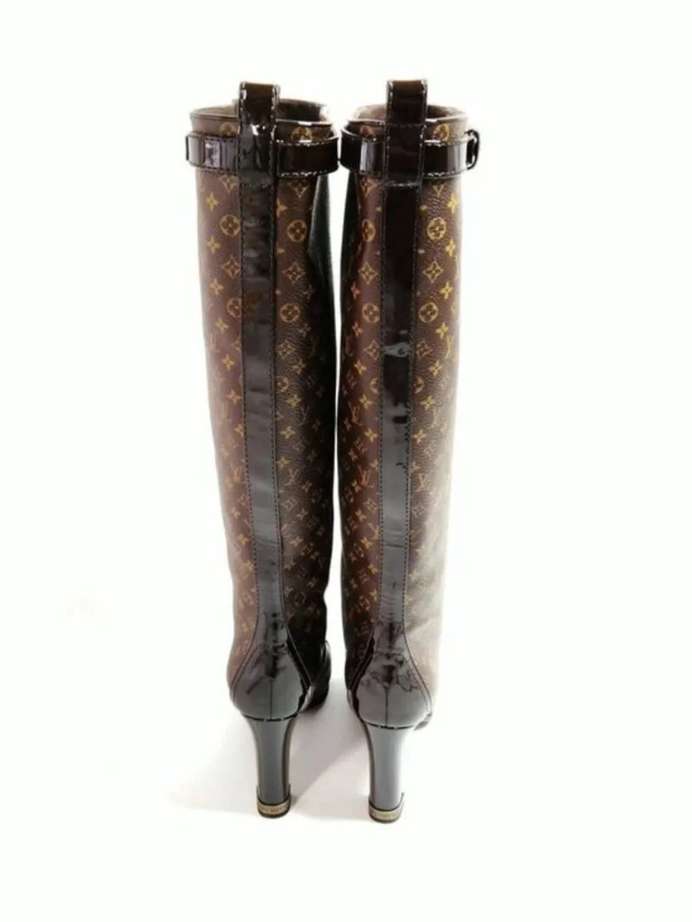 Authentic Louis Vuitton Monogram Silhouette Knee High Boots Brown Patent Leather